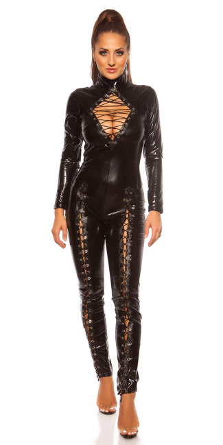 Sexy col latexlook-jumpsuit met veter zwart